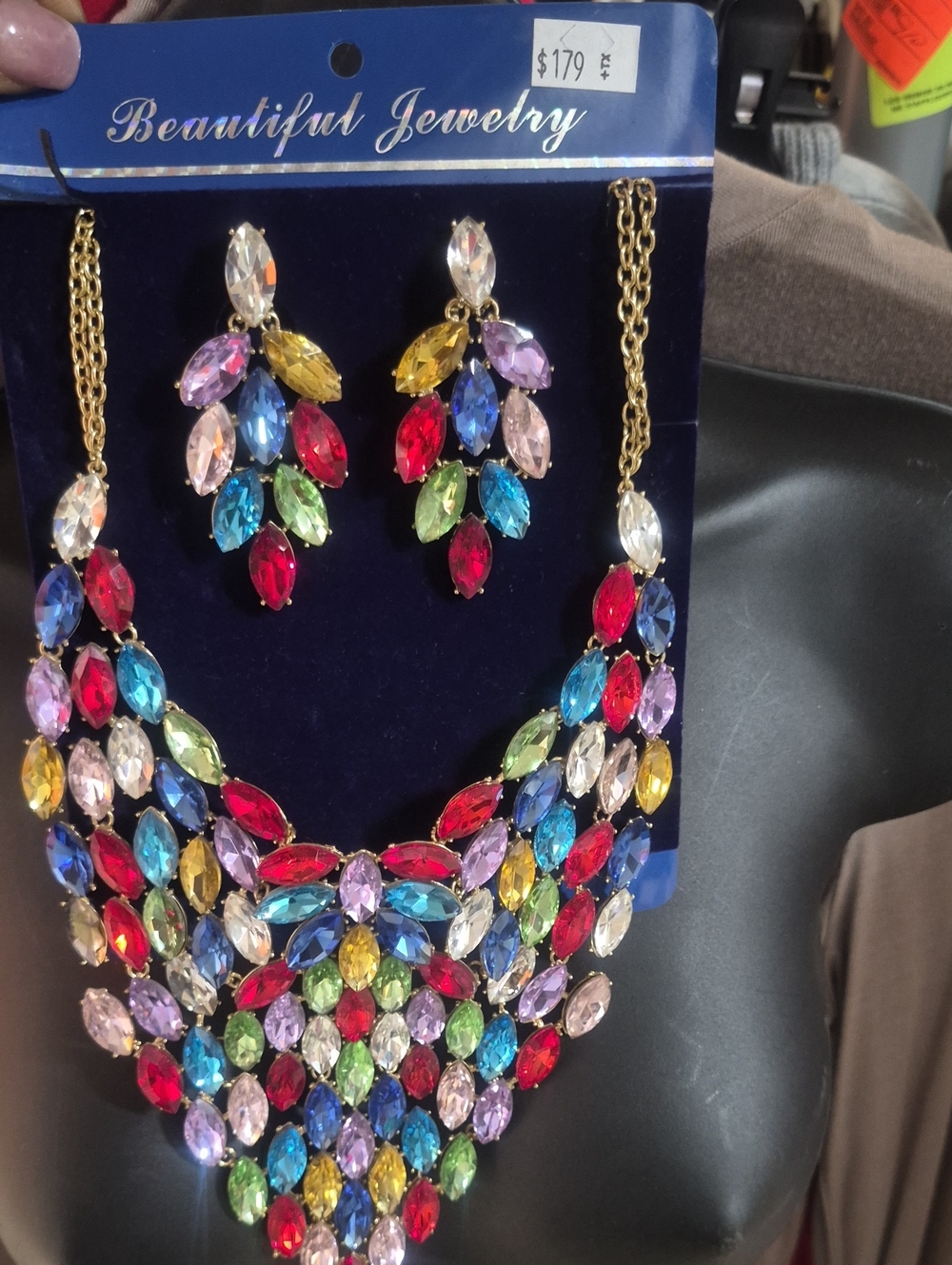 Multicolor Crystal Bib Necklace with Matching Earrings